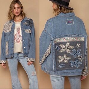 POL love floral denim appliqué patchwork jacket